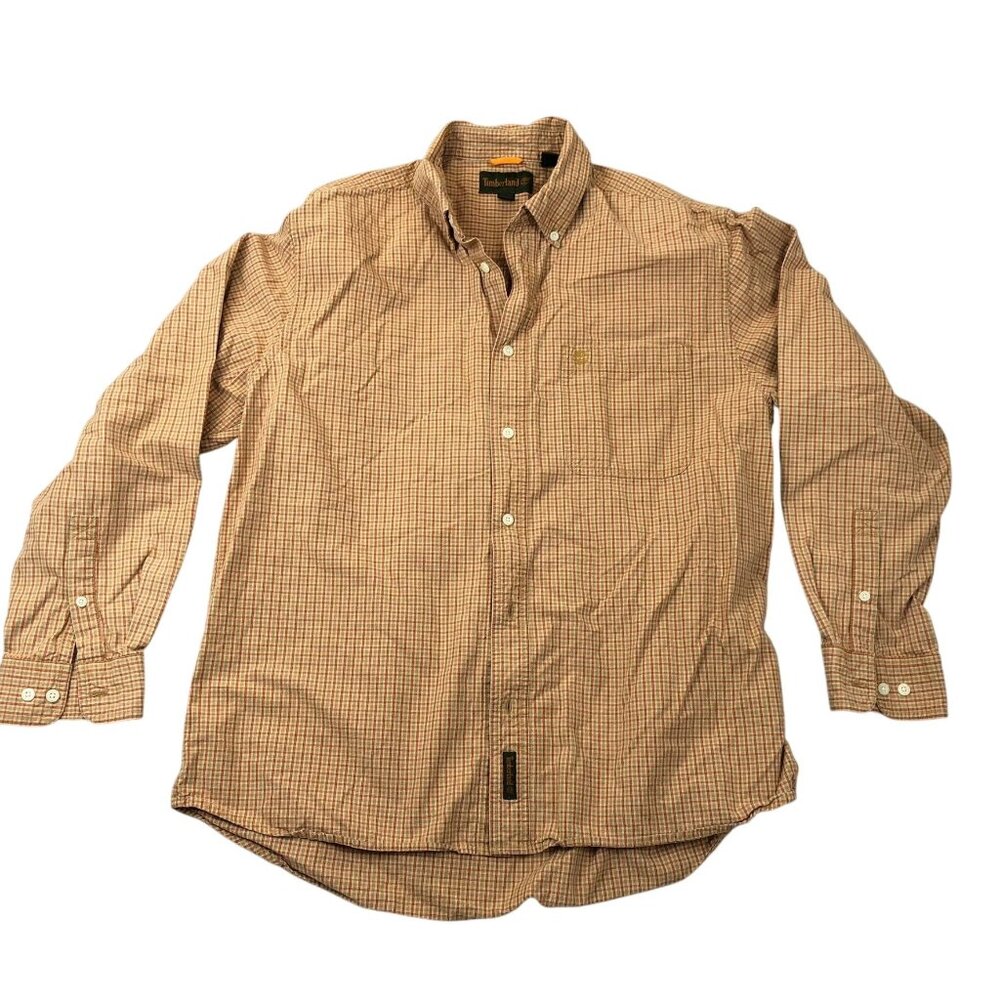 Timberland Mens Shirt Large Plaid Button-Up Long Sleeve Shirt Orange Casual